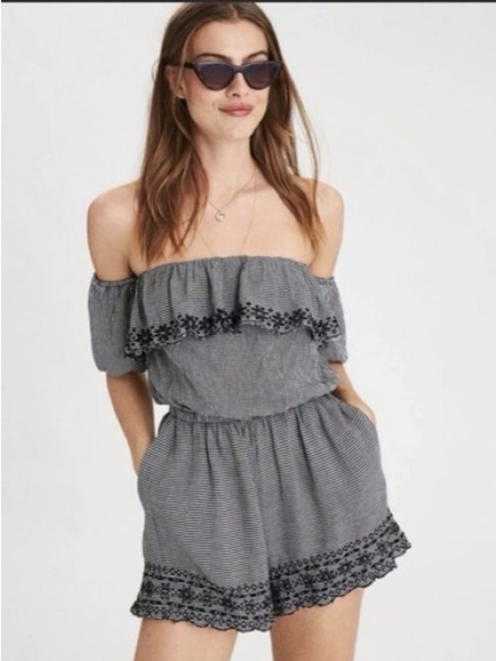 American Eagle Off-Shoulder Black & White Gingham Romper with Embroidered Trim